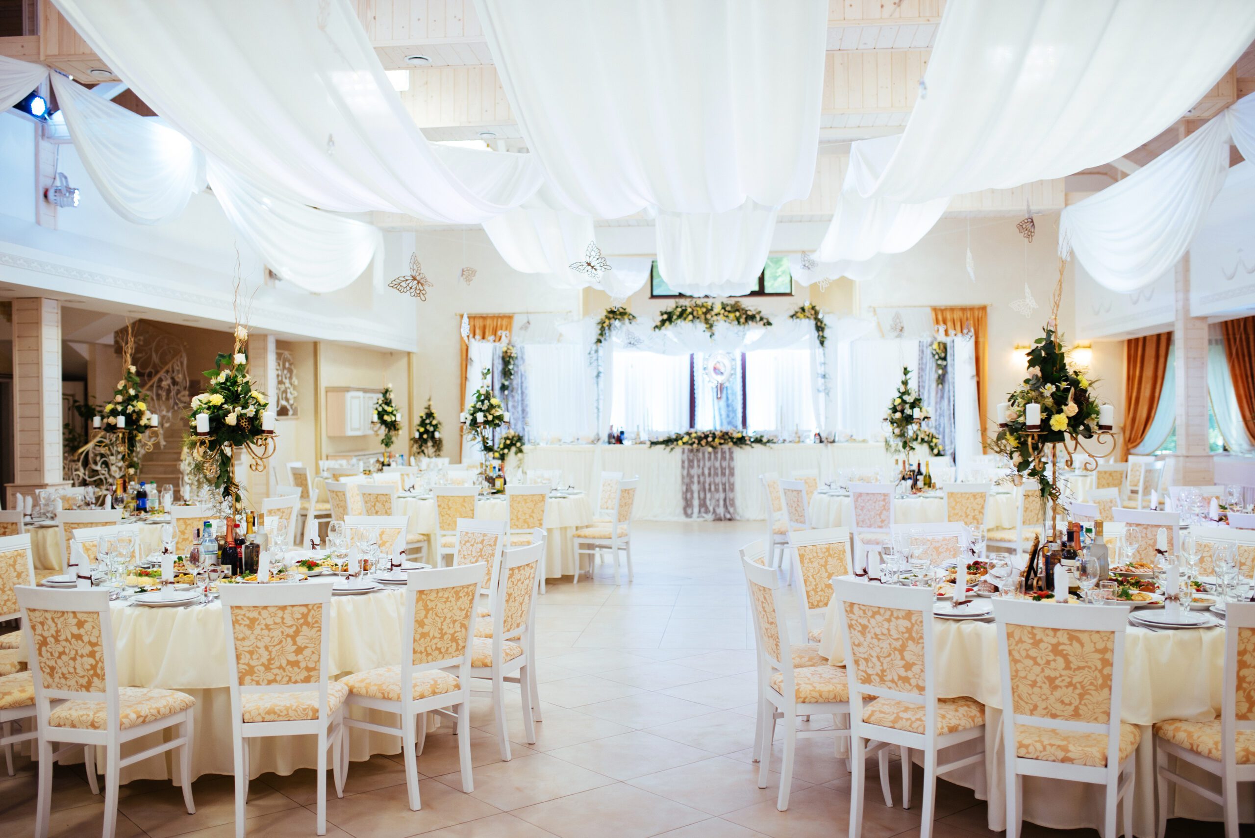 tables and chairs at a wedding