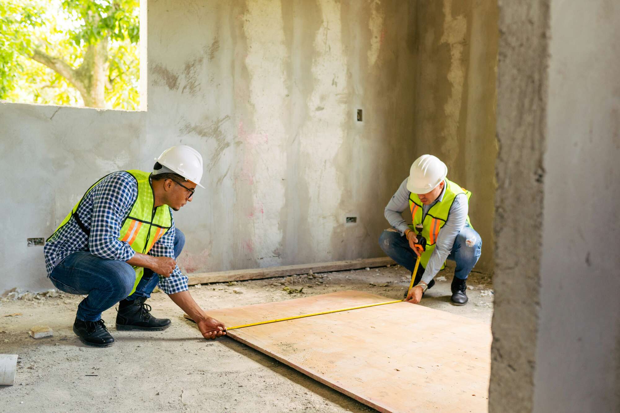 Two Construction Workers Measuring Wood