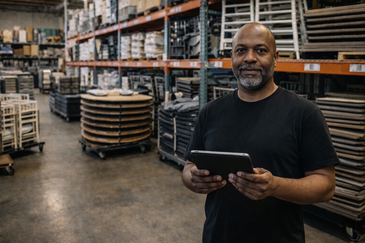 man using a tablet in a rental warehouse