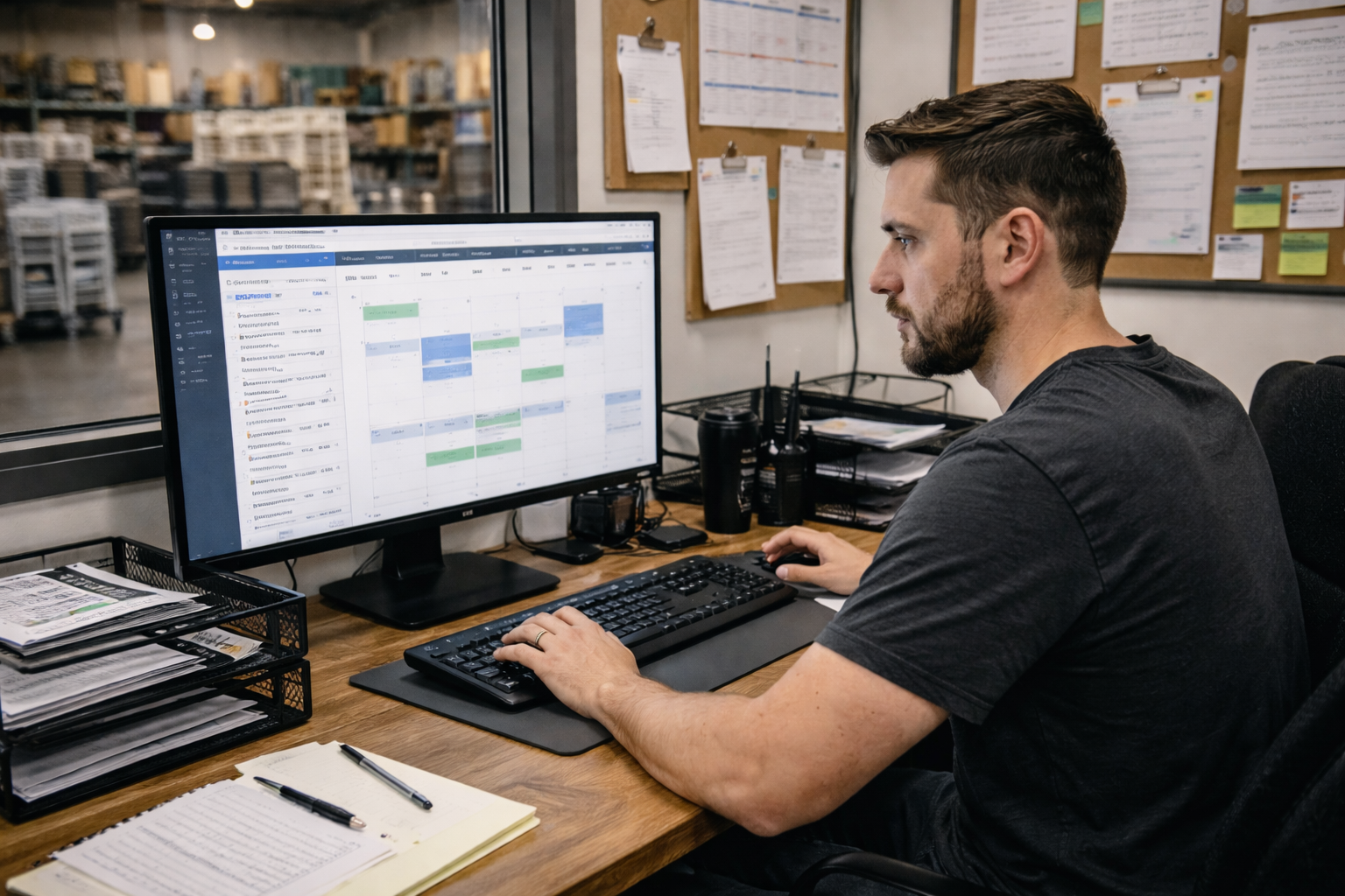 man organizing his day in rental warehouse