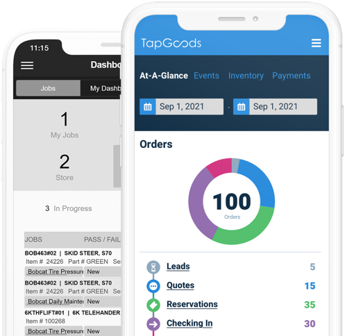 Point of Rental vs TapGoods Dashboard Mockup on Mobile