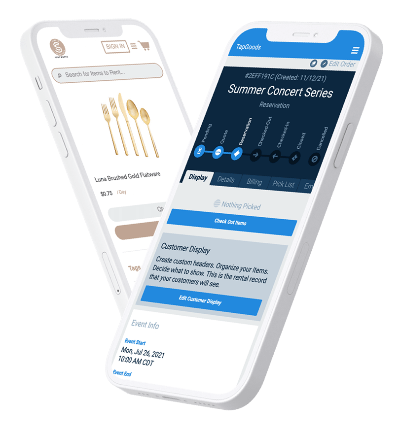 TapGoods rental management software shown on mobile phone