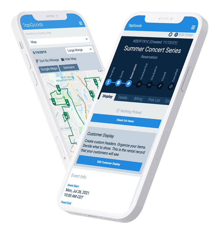 TapGoods rental management software shown on mobile phone