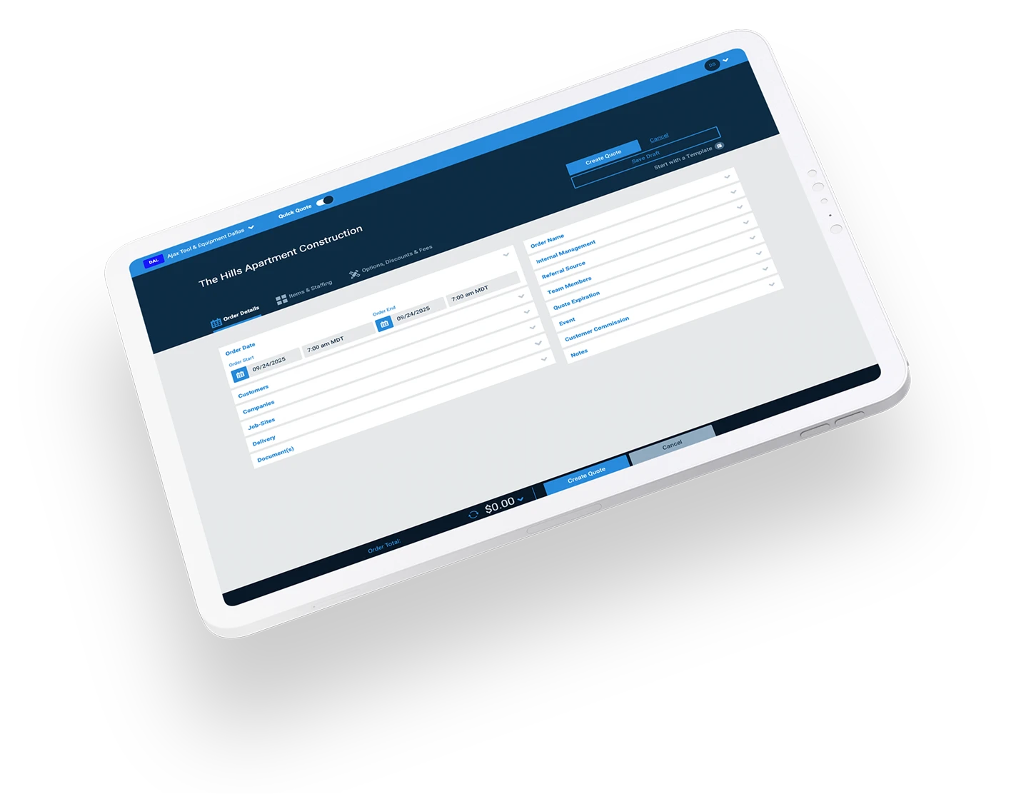 Tool and Equipment Order Management on Tablet