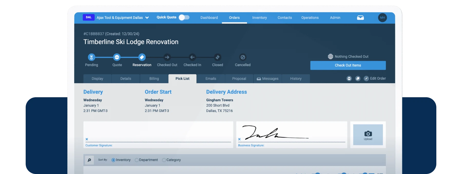 Tool and Equipment Rental Order on Tablet
