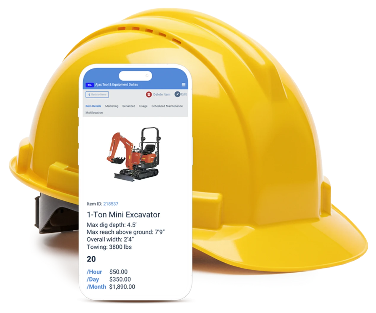 Tool and Equipment Rental Software on Phone Against a Hard Hat