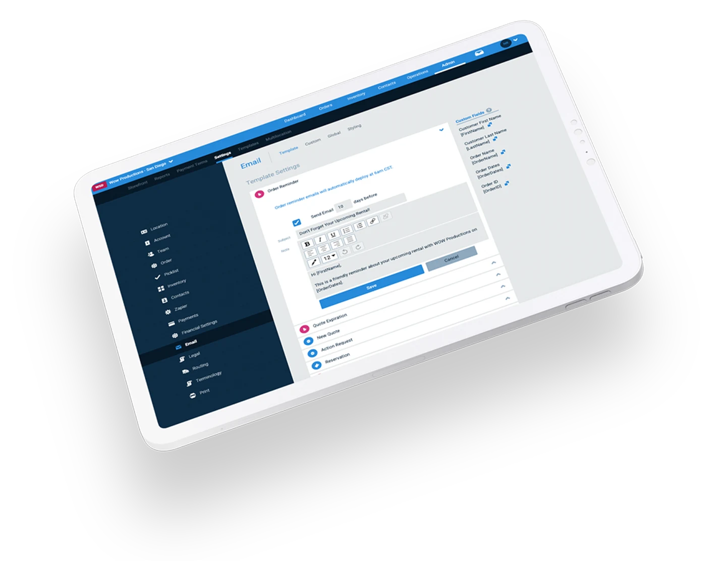 Automated Emails in Event Rental Software on Tablet