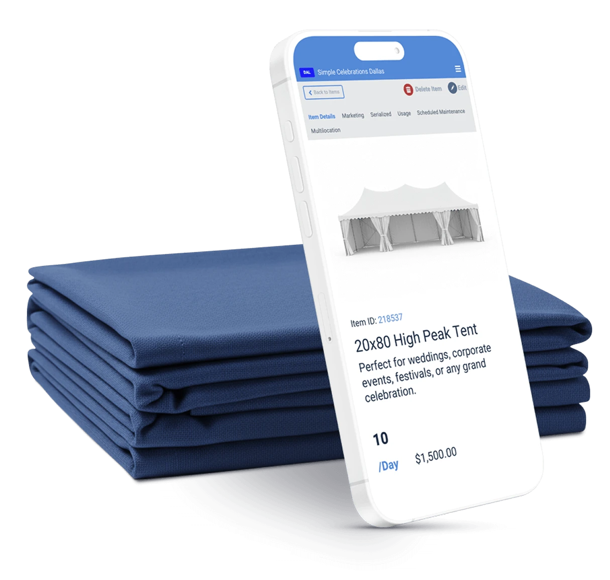 Event Rental Software on Phone Leaning Against Navy Napkins