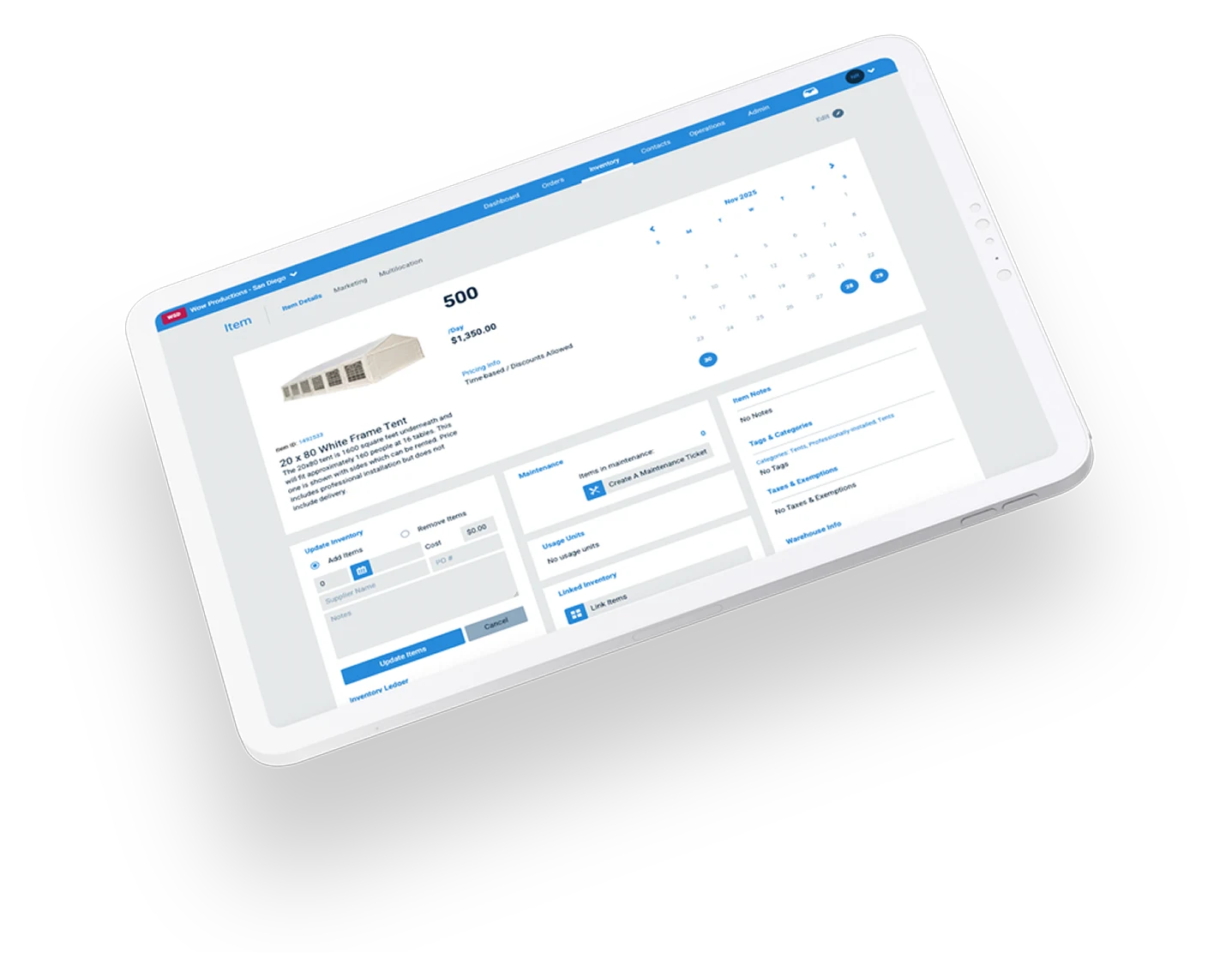 Inventory Management in Event Rental Software on Tablet