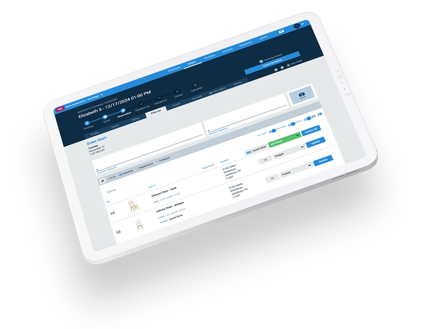 Picklist Feature in Event Rental Software on Tablet